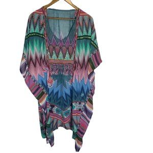 Womens Long Length Aztec Kaftan Multi-Color Poncho Coverup OS
